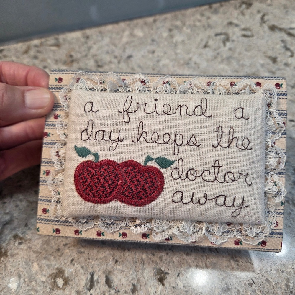 Handmade Embroidered Fabric Trinket Box Apple Friend A Day Grannycore Notecards